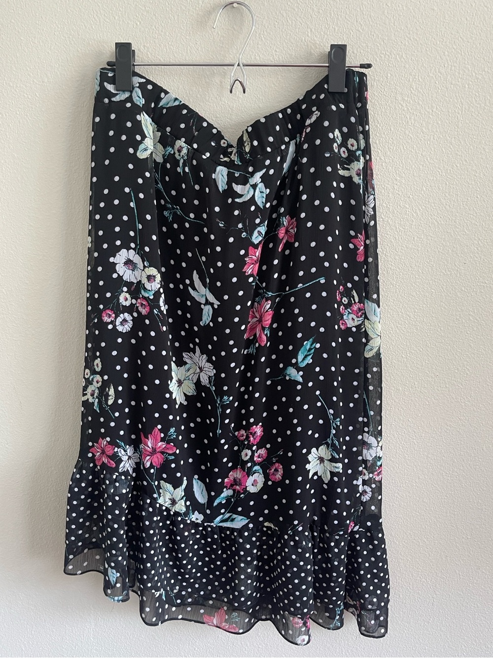 Floral Polka Dot Midi Skirt - Black with Pink & Mint Flowers Size XL